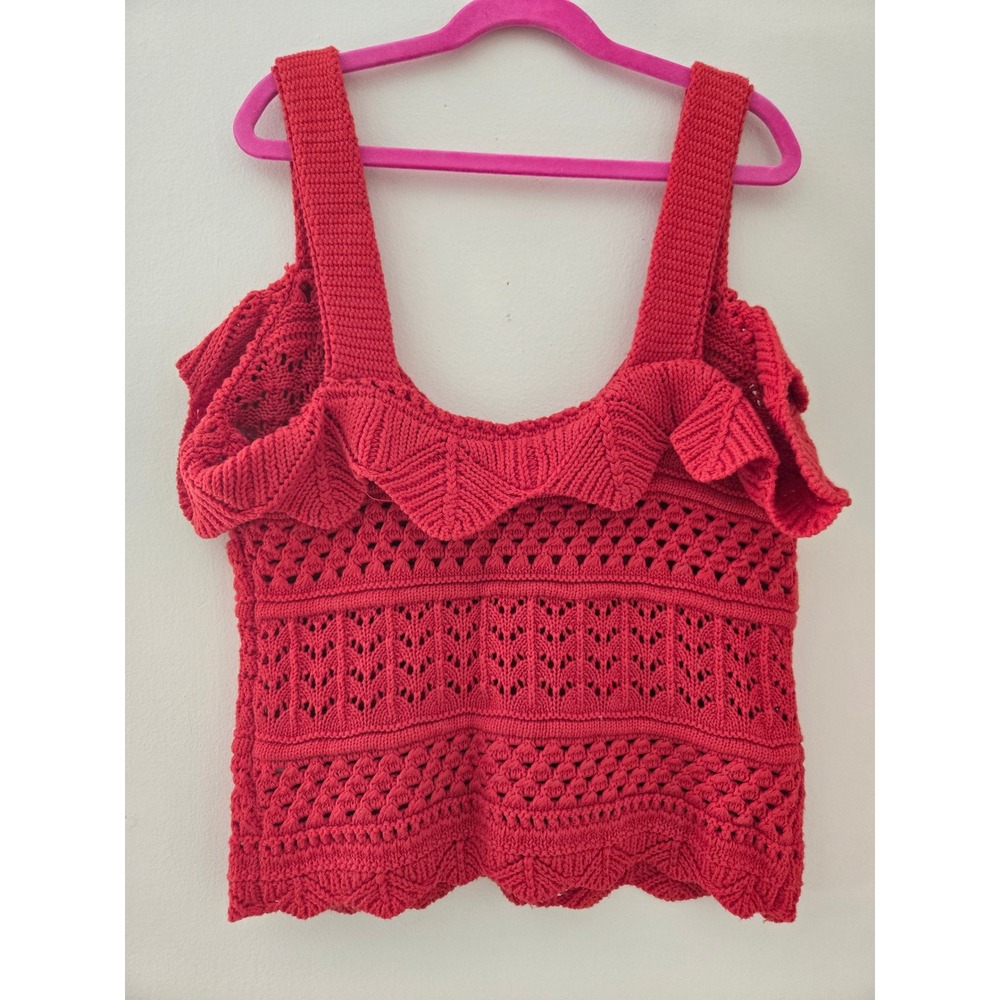 BLU Pepper Boho Red Crochet Pointelle Knit Ruffle Collar Tank Top Button Front L - Picture 4 of 6
